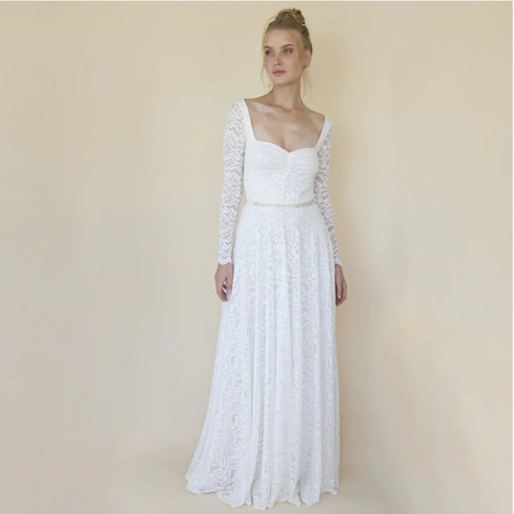 Blushfashion Ivory Sweetheart Lace Wedding Dress with Long Sleeves #1361